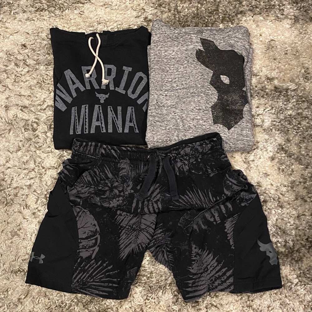 Men’s Large Under Armour Project Rock Tops(2) and Short(1)